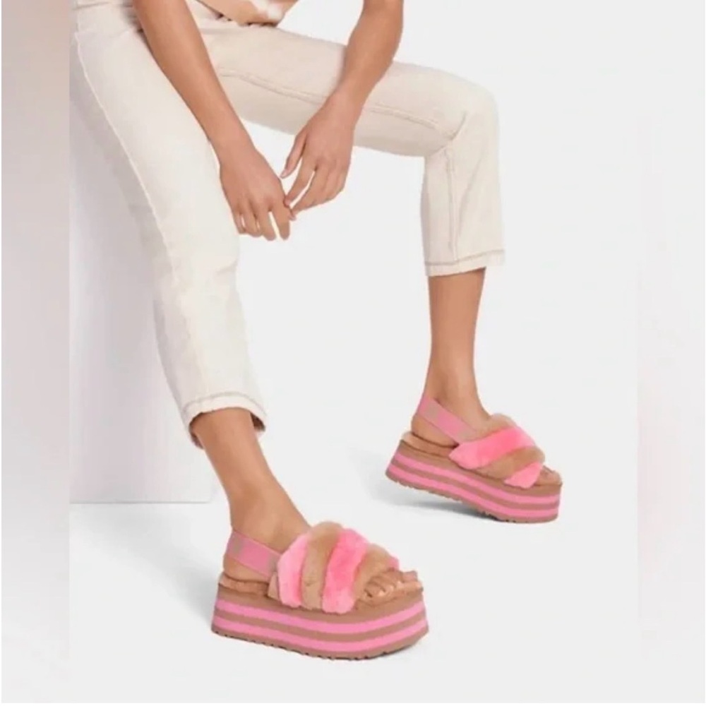 UGG Women’s Disco Stripe Pink and Chestnut Fluff Platform Slides, Size 10